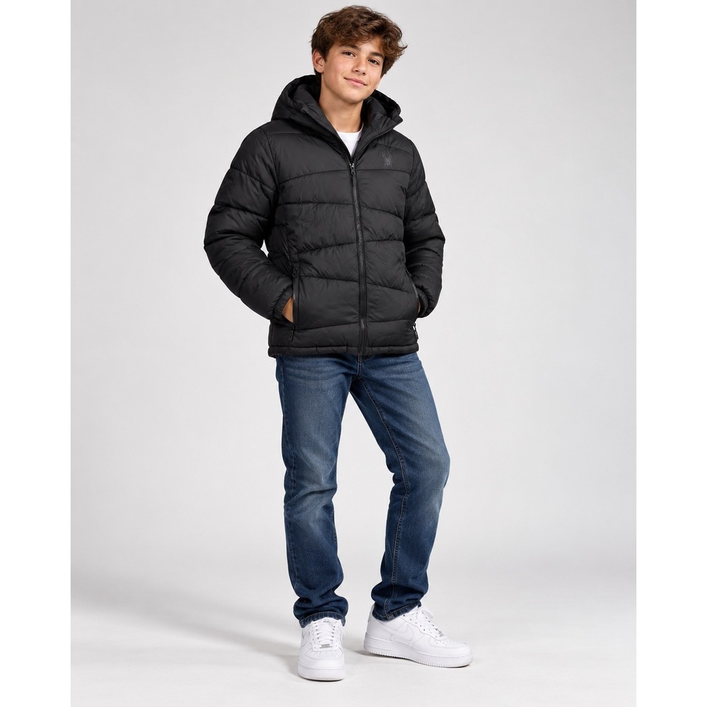Spyder Puffer Jacket Boys L 14/16 Black Excellent Quilted Hooded Winter Coat